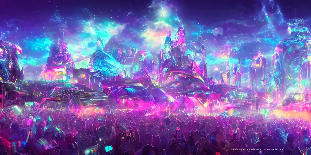 Prompt: futuristic music festival by thomas kinkade, makoto shinkai and lisa frank, beautiful modern colors, ultradetailed, 4k ultra, trending on artstation