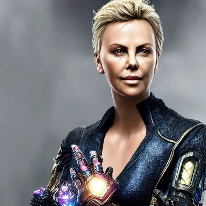 Image similar to portrait of Charlize Theron, wearing The Infinity Gauntlet. intricate artwork. octane render, trending on artstation, very coherent symmetrical artwork. cinematic, hyper realism, high detail, octane render, 8k, iridescent accents