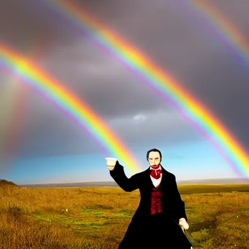 Image similar to count dracula with a pot of blood at the end of a rainbow in ireland