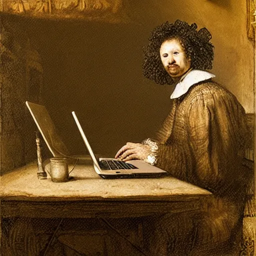 Prompt: a confused ux designer looking at their laptop, in the style of rembrandt