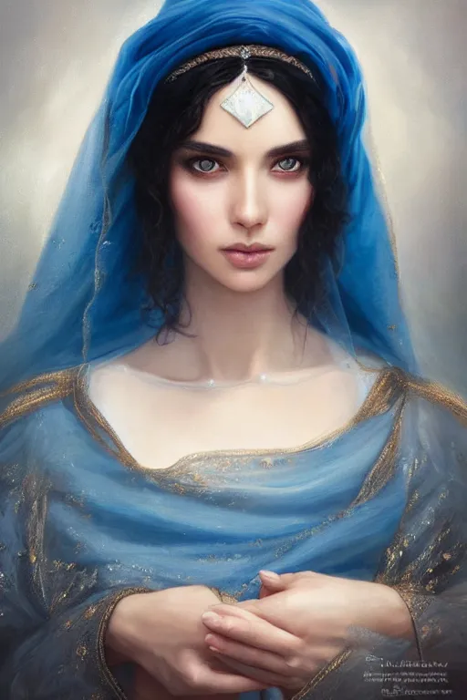 Image similar to arab Ameera al-Taweel, bright blue eyes, long wavy black hair, white veil, closeup, focus face, elegant, highly detailed, centered, oil painting, artstation, concept art by tom bagshaw