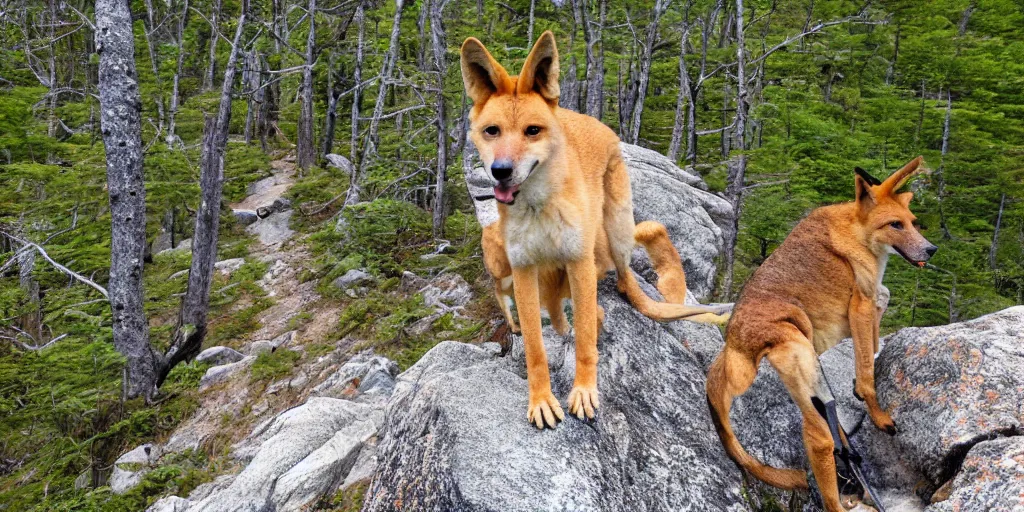 Image similar to a dingo poses on the precipice trail on mt. champlain in maine, ocean background, ladders