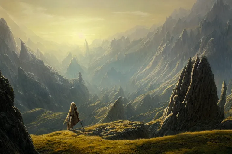Prompt: beautiful painting of epic landscapes of Middle Earth, in style of Lord of the Rings, fantasy matte painting, golden ratio, trending on cgsociety, cinematic, trending on artstation, by John Howe and Greg Rutkowski, highly detailed, vibrant