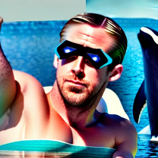 Image similar to ryan gosling in swimming trunks and cyberpunk style goggles rides a killer whale in a vulcan lake