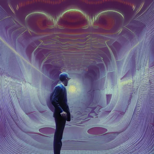 Image similar to fbi agent having psychedelic geometric visions, beksinski, wayne barlowe, very coherent symmetrical artwork, cinematic, hyper realism, high detail, octane render, 8 k