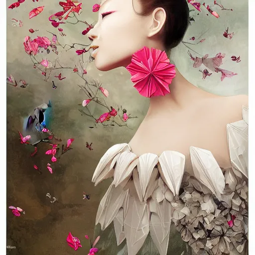 Prompt: 3 / 4 view of a beautiful girl wearing an origami dress, eye - level medium shot, fine floral ornaments in cloth and hair, hummingbirds, elegant, by eiko ishioka, givenchy, albrecht durer, by peter mohrbacher, centered, fresh colors, origami, fashion, detailed illustration, vogue, japanese, reallusion character creator