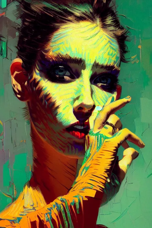 Image similar to portrait of a beautiful punk girl, complementary colors, beautiful face, rule of thirds, intricate outfit, spotlight, by greg rutkowski, by jeremy mann, by francoise nielly, by van gogh, digital painting