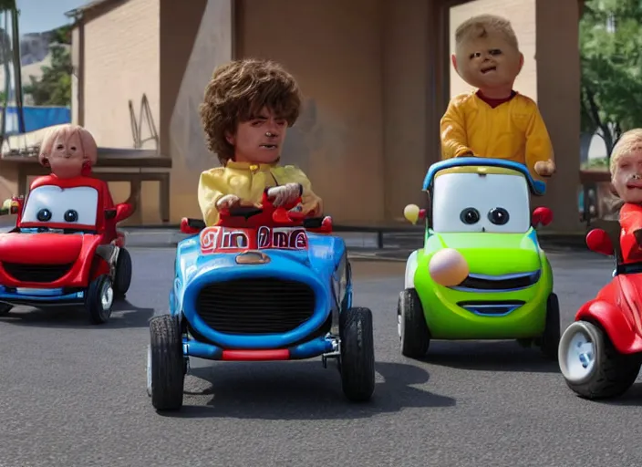 Image similar to peter dinklage racing gary coleman driving a little tikes cars, movie still, from the new fast and furious movie, 8 k, realistic