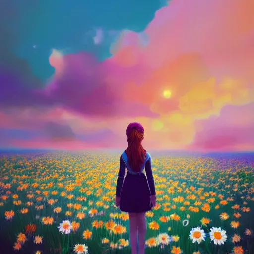 Image similar to girl with a full daisies head, surreal photography, flower field, sunset dramatic light, impressionist painting, colorful clouds, blue sky, digital painting, artstation, simon stalenhag