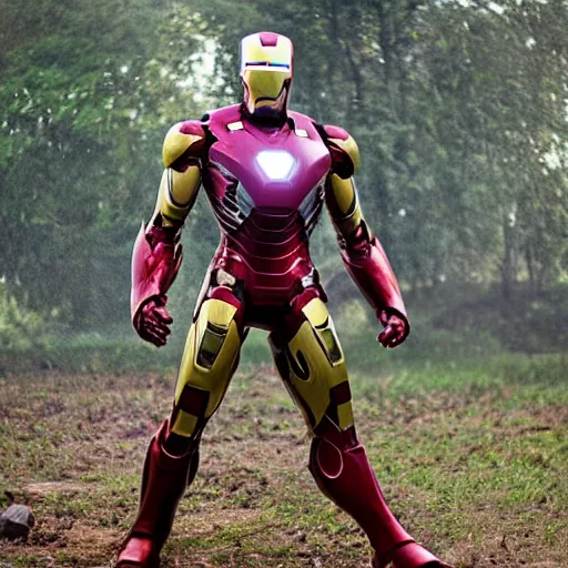 Image similar to overgrown and damaged iron man suit, 4k realistic photo
