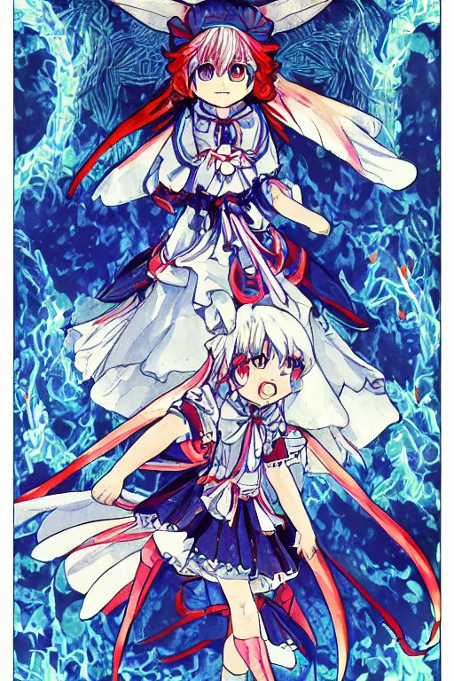 Image similar to cirno, touhou project, official artwork, intricate, amazing line work, colorful, tarot cards, the devil tarot card