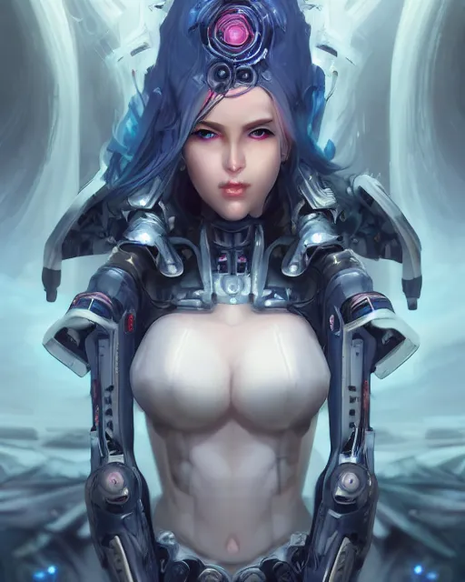 Image similar to holy cyborg necromancer girl, elegant, scifi, futuristic, utopia, garden, illustration, atmosphere, top lighting, blue eyes, white hair, focused, artstation, highly detailed, art by yuhong ding and chengwei pan and serafleur and ina wong