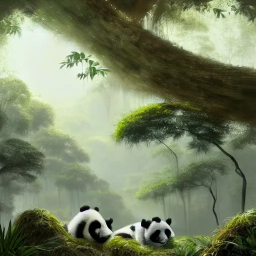 Image similar to world of pandas, bamboos, magical world, by greg rutkowski, sung choi, photo realistic, 8 k, cinematic lighting, hd, atmospheric, hyperdetailed, trending on artstation, devainart, digital painting, glow effect