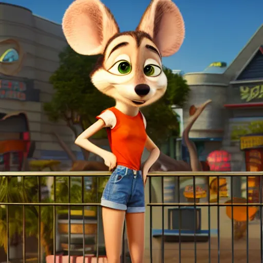 Image similar to 3 d render, portrait, upper body shot, mid shot, anthropomorphic mouse, female, wearing denim short shorts and a off yellow tank top shirt, solo, in the style of zootopia