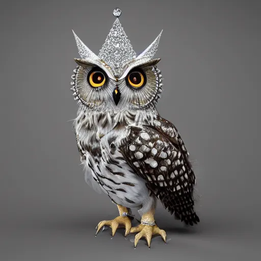 Image similar to detailed portrait of a magical owl, wearing a diamond crown, glowing feathers, halfway through, hyper detailed, stylistic, symmetrical, 3 d render, 8 k, octane render