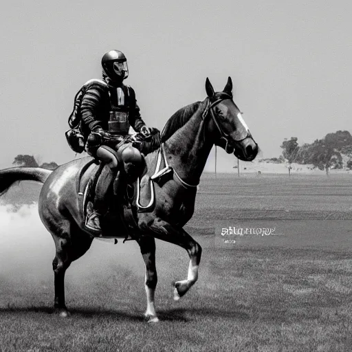 Prompt: man wearing jetpack riding a horse, rocket boosters