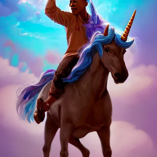 Image similar to obama riding on a unicorn, au naturel, hyper detailed, digital art, trending in artstation, cinematic lighting, studio quality, smooth render, unreal engine, octane rendered, art style,