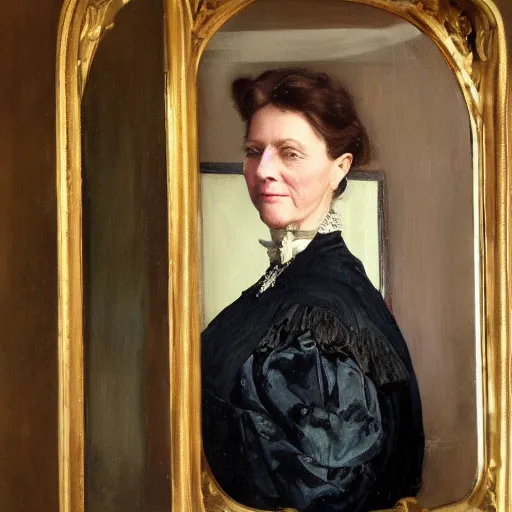 Prompt: oil portrait of a victorian lady wearing a beautiful dress in front of aa victorian mirror by greg rutowsky, trending on artstation