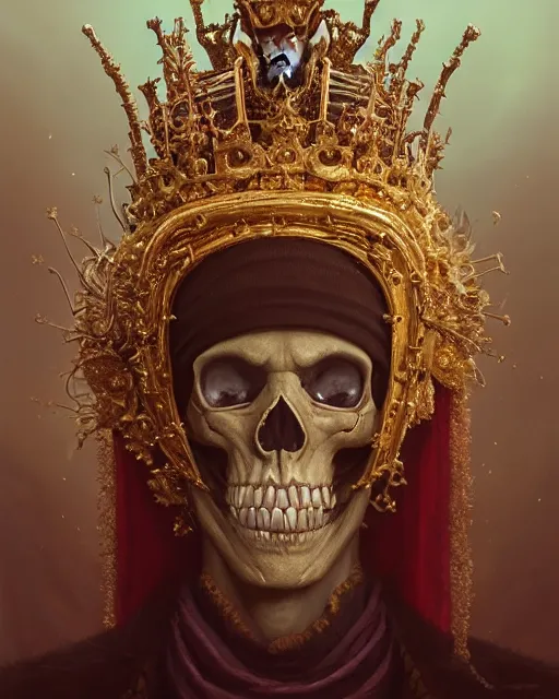 Prompt: highly detailed surreal vfx portrait of a sacred skeleton king with golden crown with rubies, stephen bliss, unreal engine, greg rutkowski, loish, rhads, beeple, makoto shinkai and lois van baarle, ilya kuvshinov, rossdraws, tom bagshaw, alphonse mucha, global illumination, detailed and intricate environment