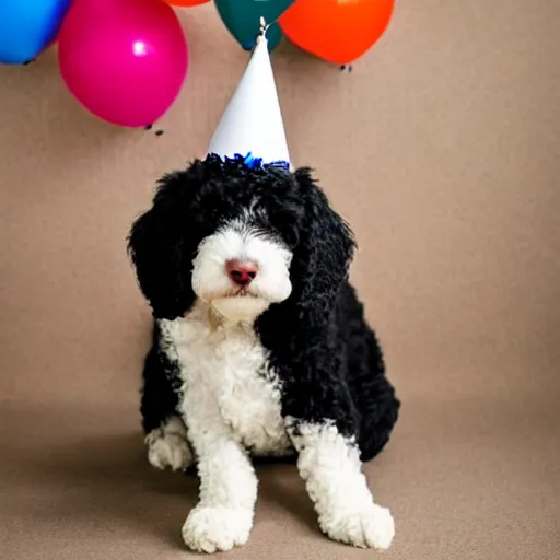 Prompt: black bernadoodle with a white chest wearing a birthday hat