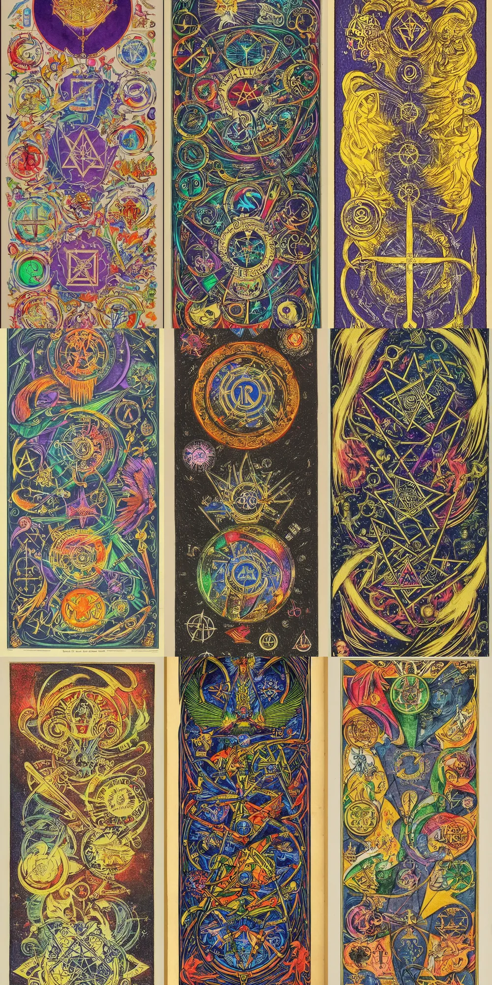 Prompt: occult lithograph containing colorful drawings of magical symbols, reagents, and diagrams of magical devices | ancient scroll, forbidden knowledge, magic symbols | labeled diagrams of magical devices | detailed drawings of fantasy reagents | well - lit, highly detailed, occult