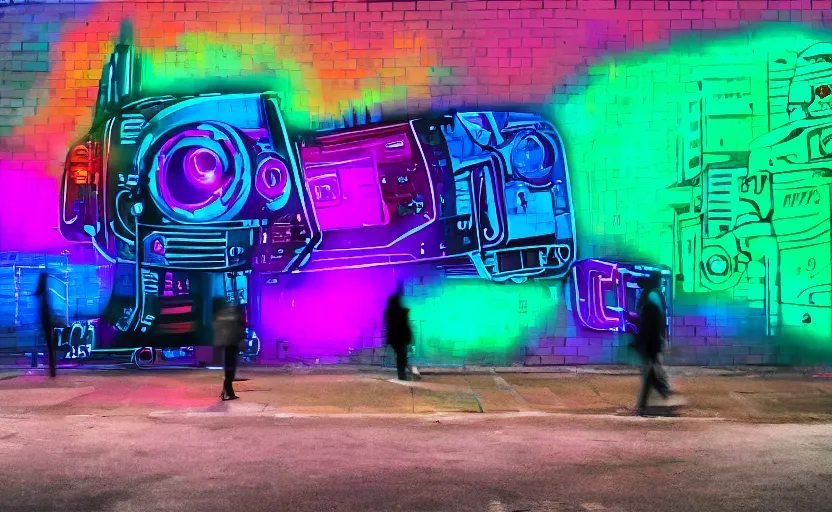 Image similar to mural of a cyberpunk robot, neon colors, painted on a giant wall