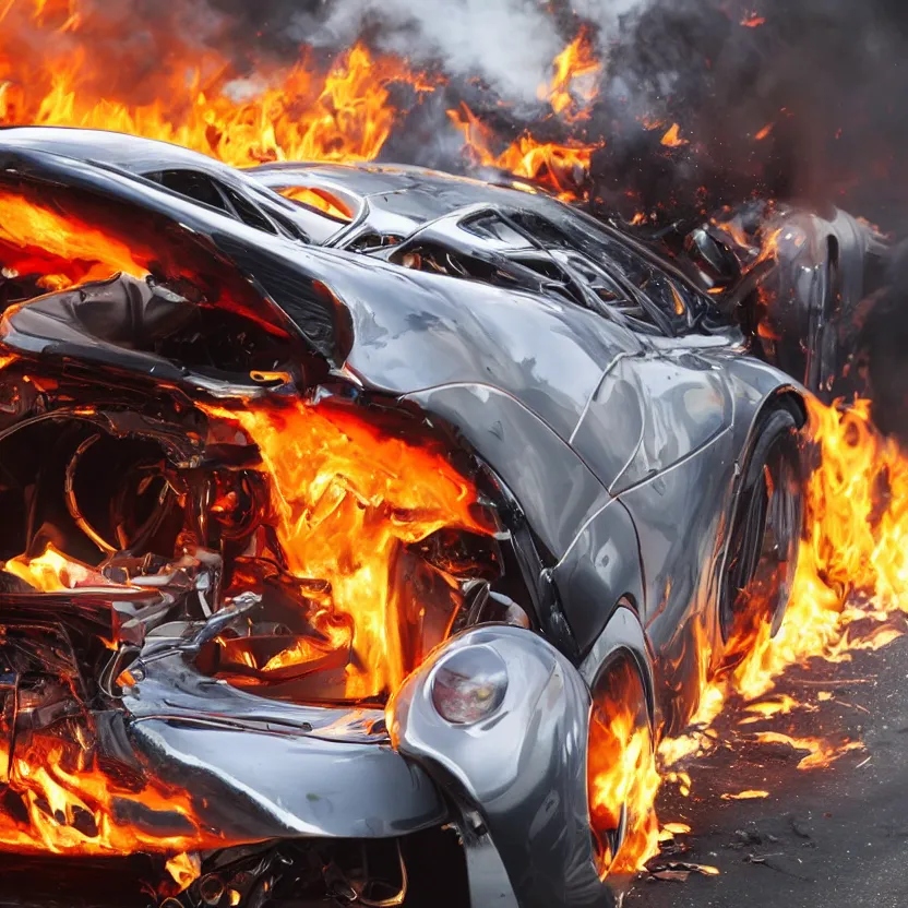 Image similar to close - up of a chrome pagani huayra on fire after a big crash, 8 k, highly detailed, realistic