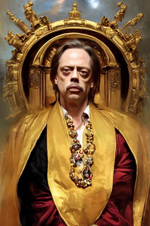 Image similar to beautiful portrait oil painting, steve buscemi wearing a golden wreath in royal crimson robes enthroned as the god emperor of ancient rome, mid - shot, by anders zorn, wonderful masterpiece by greg rutkowski, beautiful cinematic light, american romanticism, by thomas lawrence, greg rutkowski