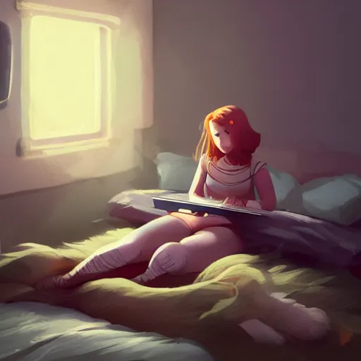 Image similar to a girl is lying on the bed and playing with her mobile phone, a ragdoll cat is lying on the side, characterized by roman shipunov, etienne hebinger, atey ghailan, cgsociety, fantasy art, 2 d game art