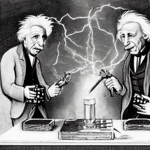 Prompt: Einstein, Isaac Newton, and Nikolai Tesla smoking a joint, drawing