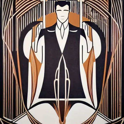 Image similar to a beautiful art deco wall mural of a handsome man, symmetrical, elegant