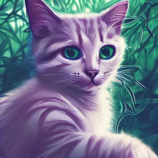 Prompt: portrait of a cat in a forest, by kawacy, sunlight, trending on pixiv, bokeh, furry art, anime, dramatic lighting, digital art