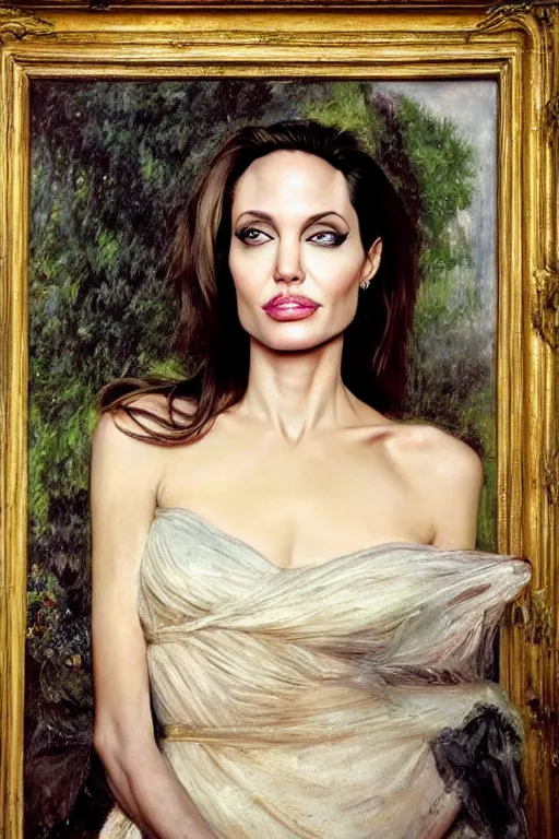 Image similar to a true-to-life portrait of Angelina Jolie against a backdrop of a time portal painted by John Everett Millais, real-life accurate, photoshoot