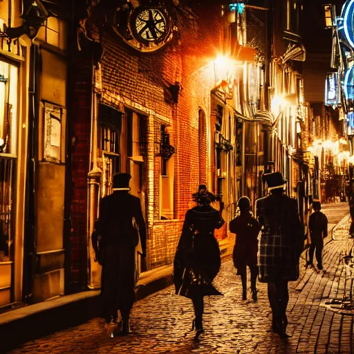 Image similar to a street level photo of a steampunk victorian city street, with people walking on the streets, at night, 4k, canon 5D