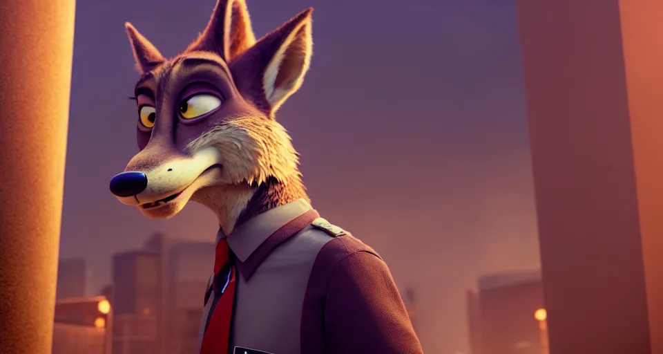 Image similar to a film still from zootopia main character portrait anthro anthropomorphic wolf security guard head animal person fursona pixar disney animation sharp rendered in unreal engine 5 anime key art by greg rutkowski bloom dramatic lighting modeling beginner render