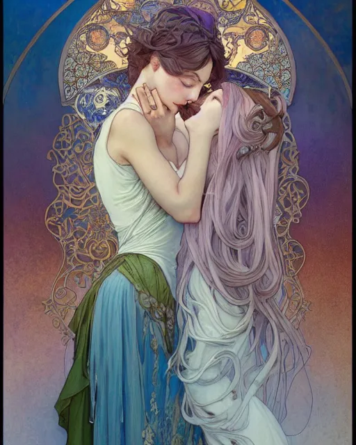 Image similar to secret romance, highly detailed, very intricate, art nouveau, gold filigree, romantic storybook fantasy, soft cinematic lighting, award - winning, disney concept art watercolor illustration by mandy jurgens and alphonse mucha and alena aenami, pastel color palette, featured on artstation