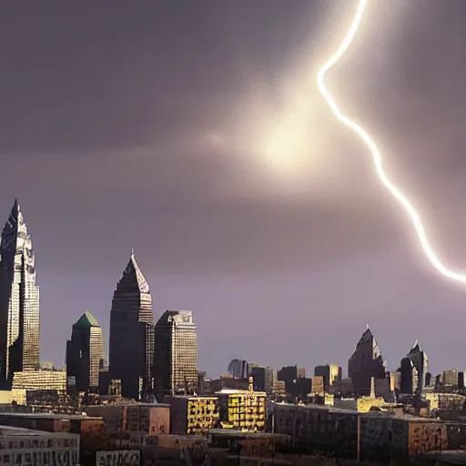 Prompt: silver ufo attacking philadelphia, heat rays, photo realistic, 4 k, highly detailed, art station, volumetric lightning