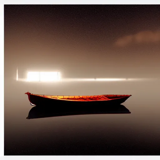 Image similar to boat on a still river, raining and foggy night view, one bright lantern in boat 4 k digital art