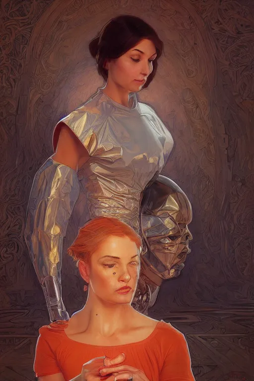 Image similar to portrait of tinfoil hat man in orange t - shirt behind his wife, feelings, romantic, fantasy, intricate, elegant, highly detailed, digital painting, artstation, concept art, smooth, sharp focus, illustration, art by artgerm and greg rutkowski and alphonse mucha