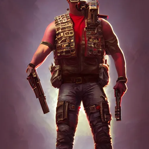 Prompt: full body shot of Duke Nukem 3D, handsome, sun glasses, intricate, red vest, empty shells ejected from gun, cinematic lighting, highly detailed, digital painting, concept art, smooth, art by Artgerm and Greg Rutkowski, Cgsociety 9