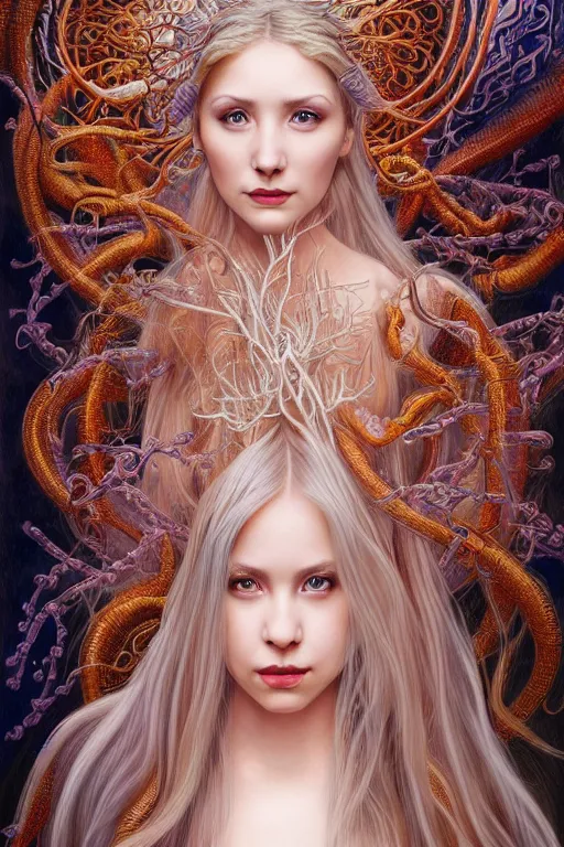 Image similar to portrait of a young female wizard in flowing sensual dress, long fine flowing hair, delicate, looking at camera, slightly smiling, realistic face, stylish, elegant, grimdark fantasy, extremely detailed painting inspired by Gerald Brom and Ernst Haeckel and Carvaggio , studio lighting