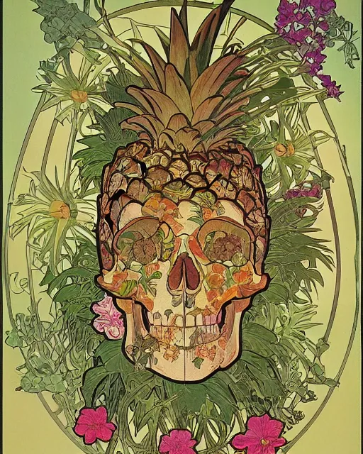 Image similar to Poster of an ancient skull with pineapple leaves growing out of the top art surrounded by varities of flowers, cell shading, by Alphonse Mucha, Moebius, hiroshi yoshida, Art Nouveau, colorful, ultradetailed, vivid colour, 3d