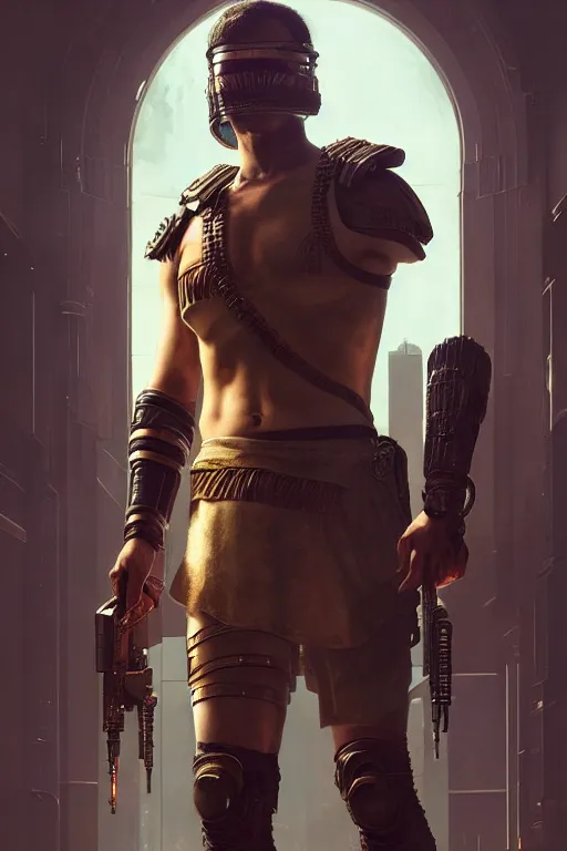 Image similar to A film still roman soldier as a cyberpunk 2077 loading screen, highly detailed, digital painting, artstation, concept art, sharp focus, illustration, cinematic lighting, art by artgerm and greg rutkowski and alphonse mucha diffuse lighting, fantasy, intricate, elegant, highly detailed, lifelike, photorealistic, digital painting, artstation, illustration, concept art, smooth, sharp focus, art by John Collier and Albert Aublet and Krenz Cushart and Artem Demura and Alphonse Mucha