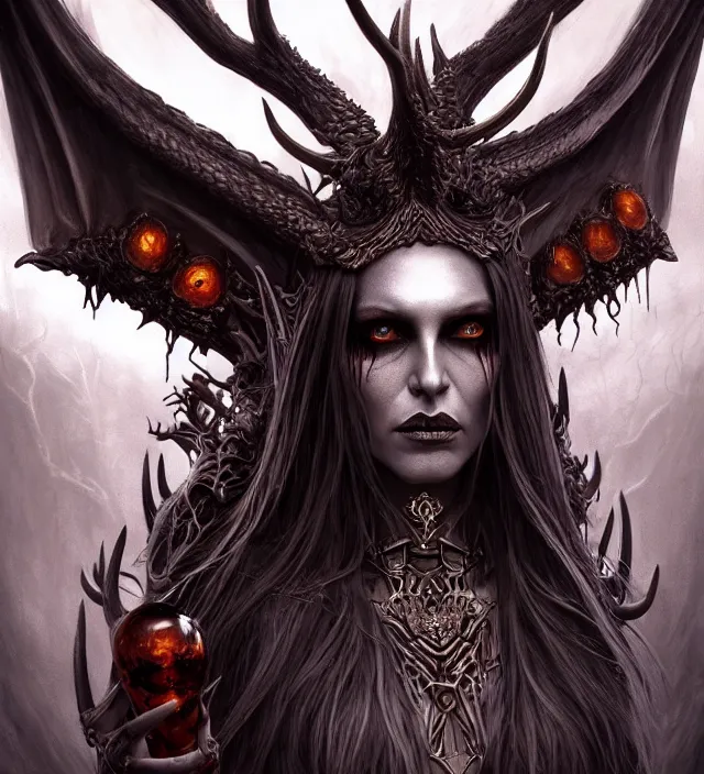 Image similar to a symmetrical matte portrait of evil druidess with glowing amber eyes, dragon wings and demonic antlers, cinematic atmospheric lighting, dark, atmospheric, brooding, painted, intricate, ultra - detailed by dave dorman, well composed, best on artstation, cgsociety, epic, stunning, gorgeous, intricate details, wow, masterpiece