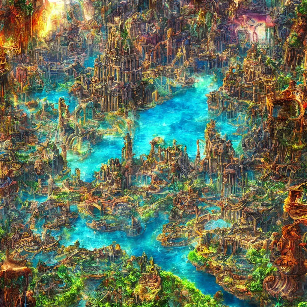 Image similar to lost city of atlantis, hyper realism, colorful, 8 k, realistic, psychedelic