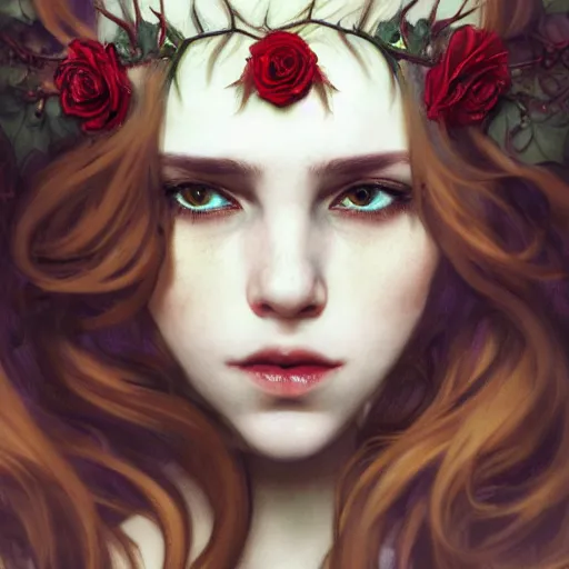 Image similar to portrait of beautiful vampire, flower crown, thorn everywhere, headshot, pale skin, 4k, rule of thirds, extreme detail, detailed drawing, trending artstation, hd, fantasy, D&D, realistic lighting, by Alphonse Mucha, Greg Rutkowski, sharp focus, backlit, bright red hair, thorn tattoos