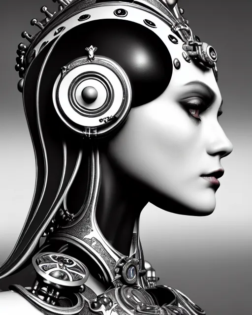 Image similar to black and white side portrait ultra detailed, beautiful female android with steampunk mechanical skin, crown, deity, sharp focus, highly detailed global illumination, concept art. 8 k