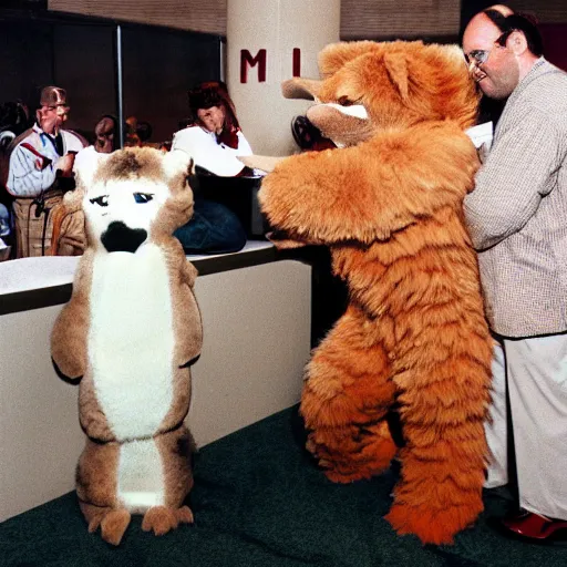 Prompt: George Costanza, trapped at the furry convention.