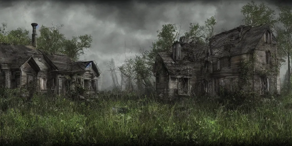 Prompt: photorealistic ruined cottage, overgrown vegetation, apocalypse, shadowy creatures, hyperrealistic, grimdark, artstation