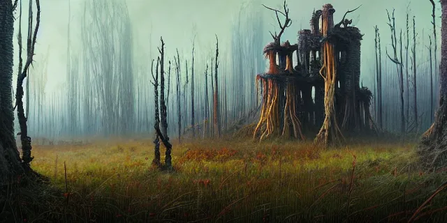 Prompt: painting dreadful forest of burnt and petrified weeping willows in a bog by tomasz alen kopera and cornelius dammrich with futuristic wood castle by eddie jones and simon stahlenhag